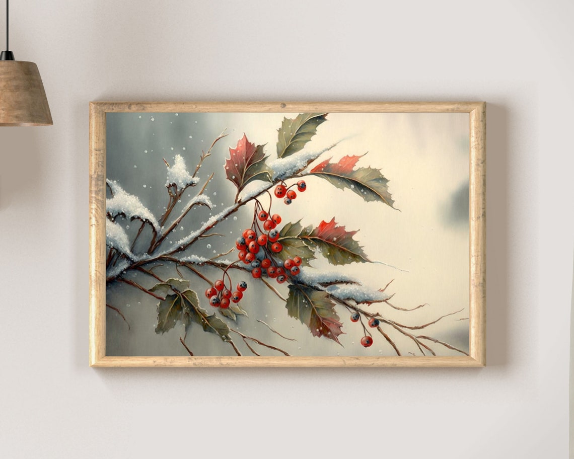 Snow Covered Winter Berry Branch Watercolor Botanical Poster - Image 2