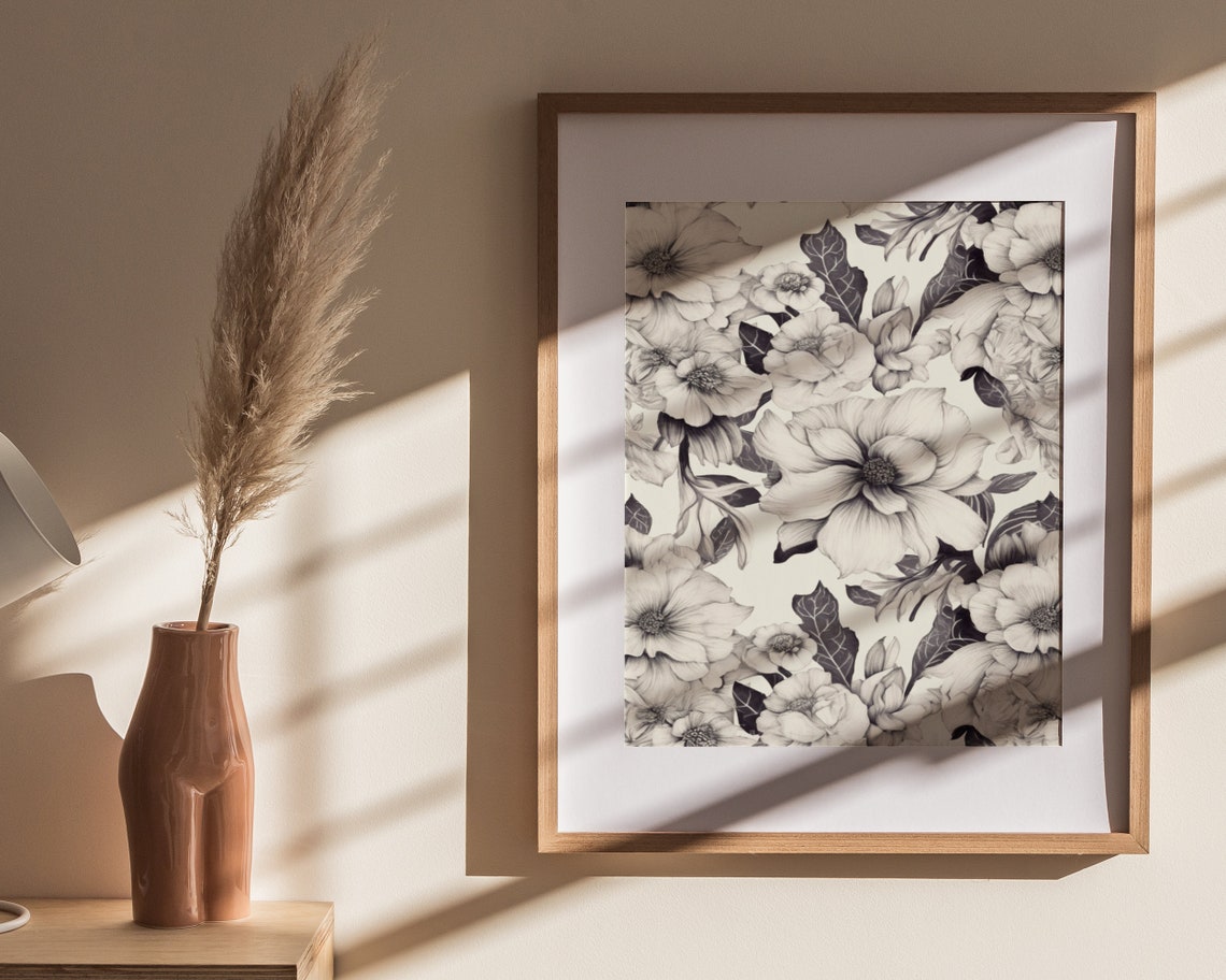 Grey Floral Sketch Pattern on Cream Vintage Botanical Poster - Image 4
