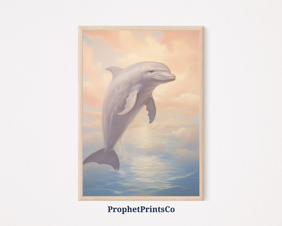 Leaping Dolphin at Sunset Pastel Sky Ocean Wildlife Painting Wall Art