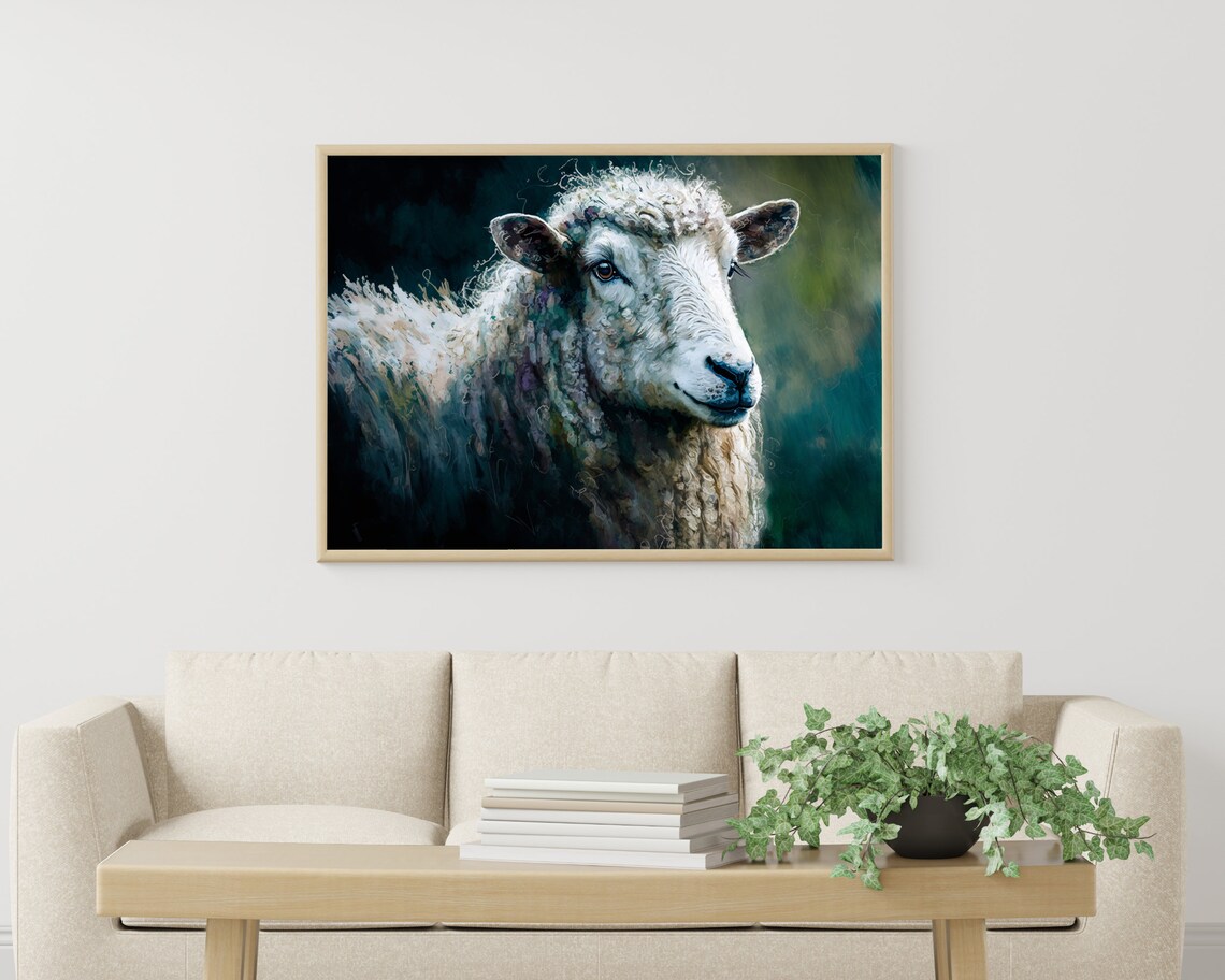 White Sheep Portrait in Painterly Style Moody Farm Art Poster - Image 3