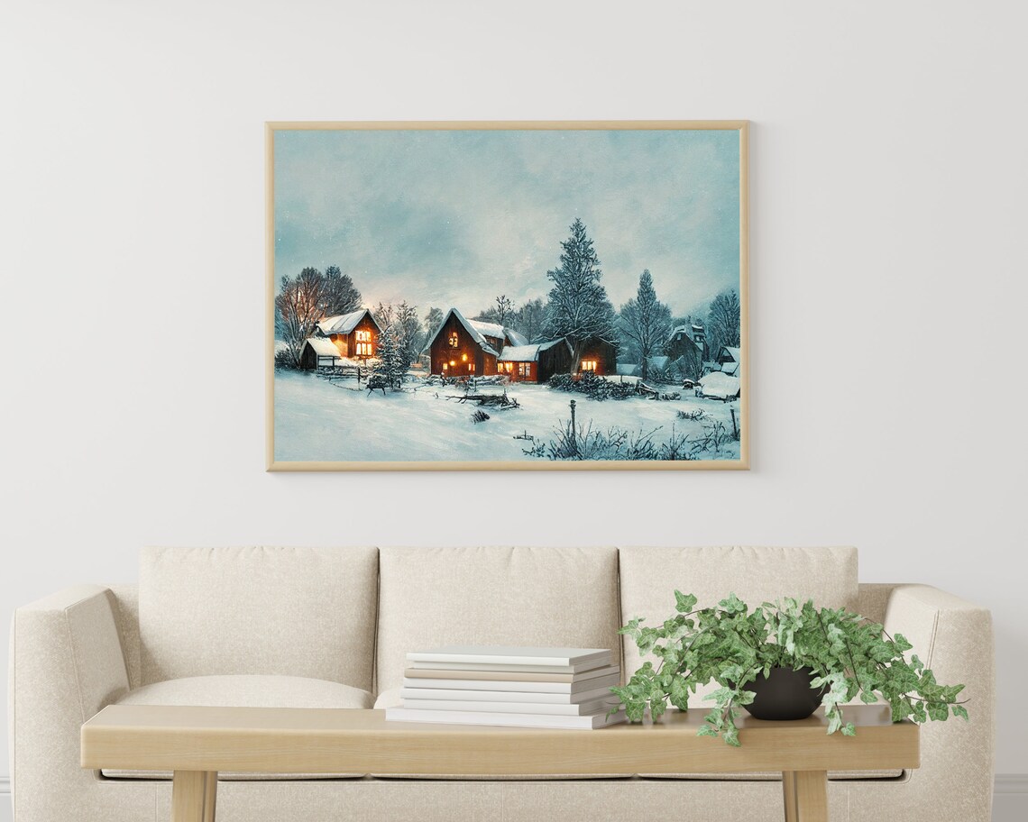 Snowy Village Cabins with Warm Lights Winter Twilight Art Poster - Image 3