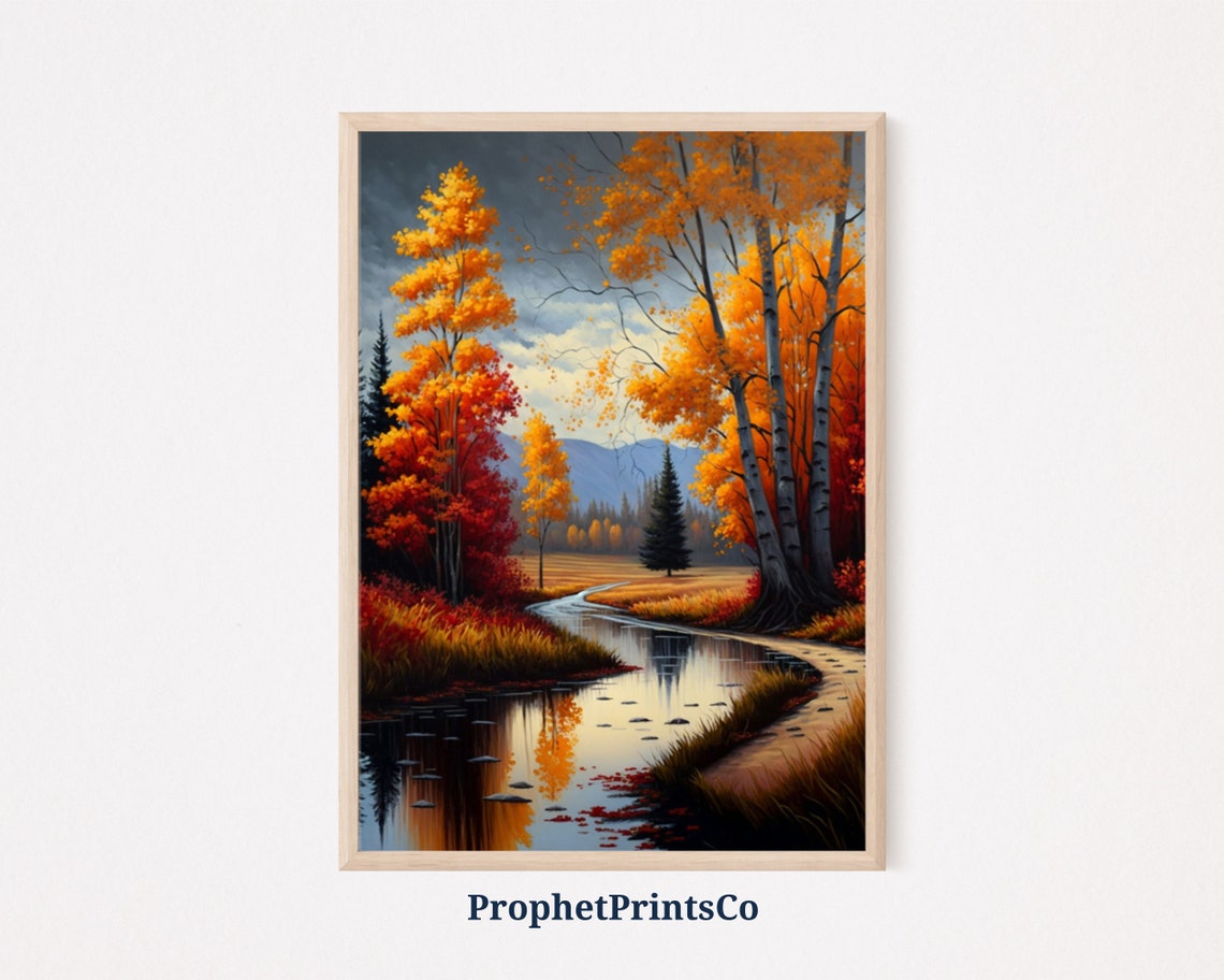 Golden Aspen Grove By Reflective Stream Autumn Landscape Poster
