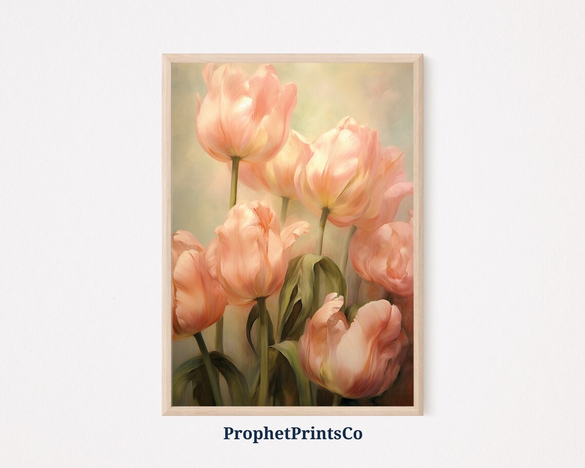 Peach Tulip Blooms Close Up Soft Pink Floral Oil Painting Poster