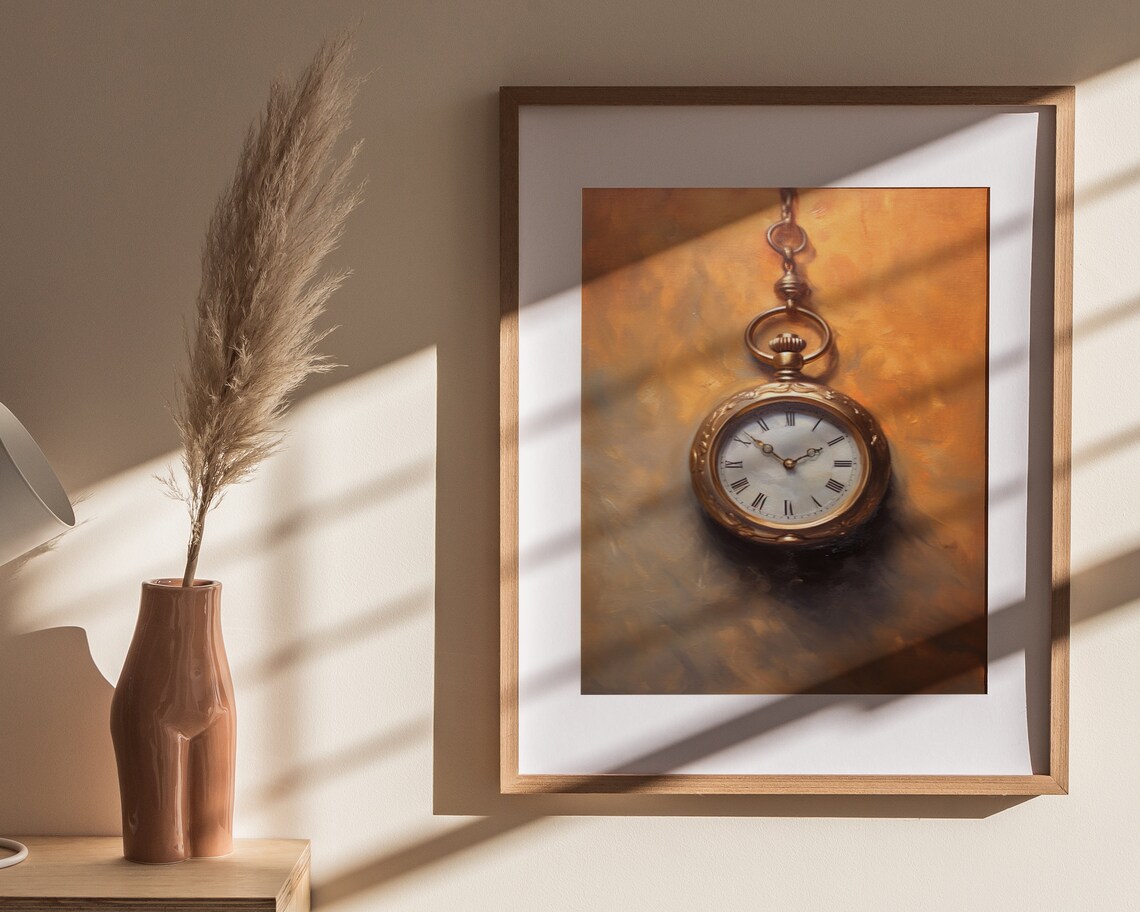 Antique Gold Pocket Watch Hanging Chain Vintage Oil Painting Poster - Image 4