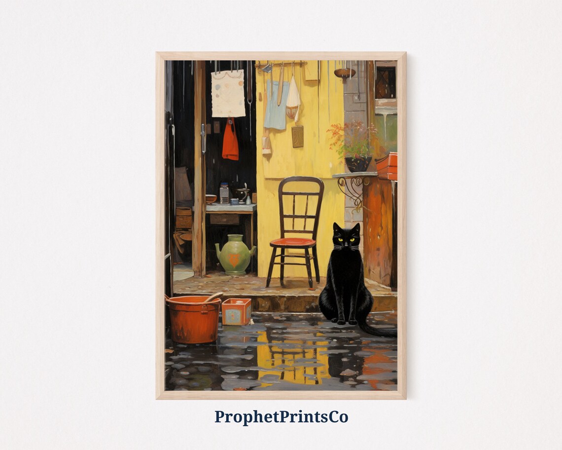 Black Cat Rainy Alley Yellow Door Whimsical Storybook Poster