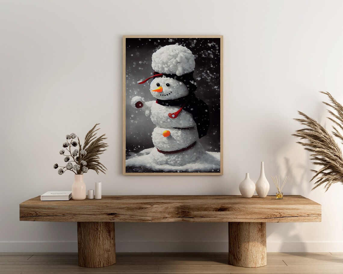 Snowman in Red Scarf Black Coat Night Snowfall Christmas Poster - Image 3