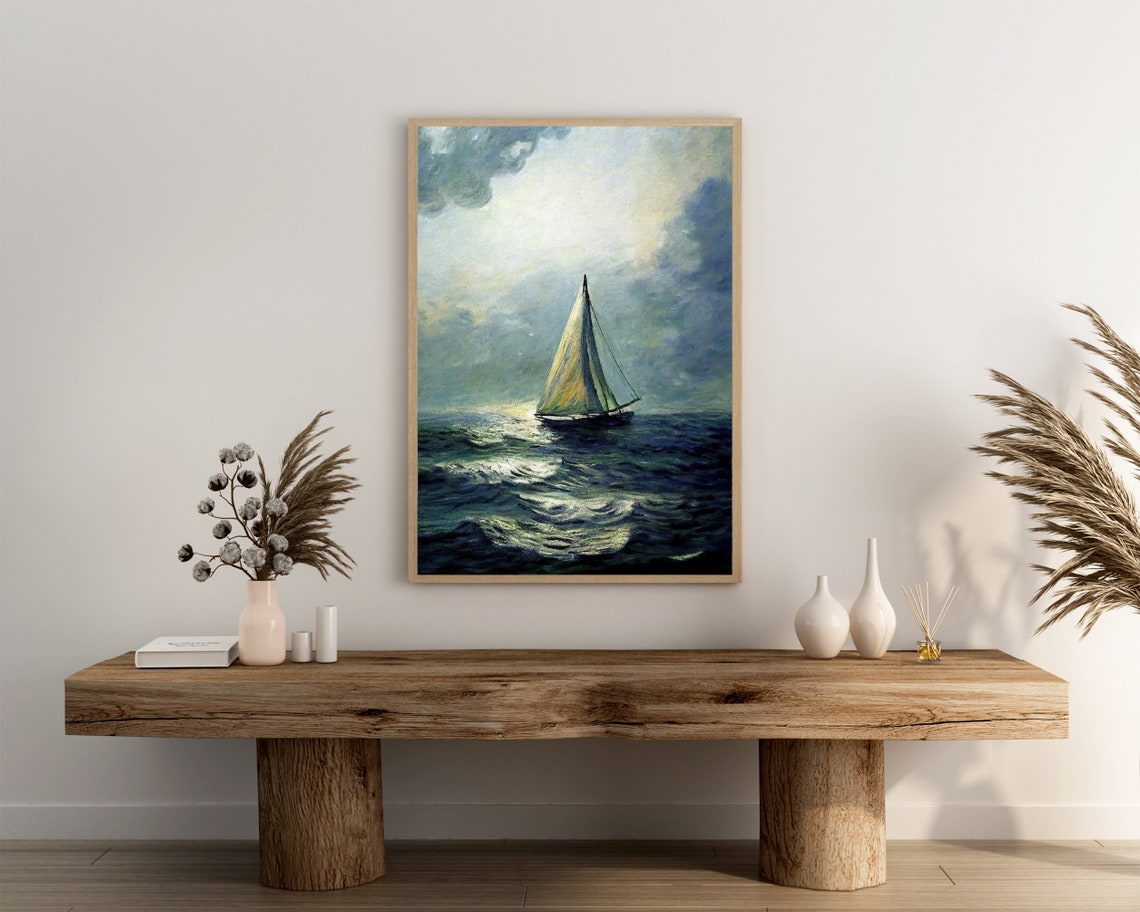 Moonlit Sailboat Sailing Through Misty Dark Blue Seas Poster - Image 3