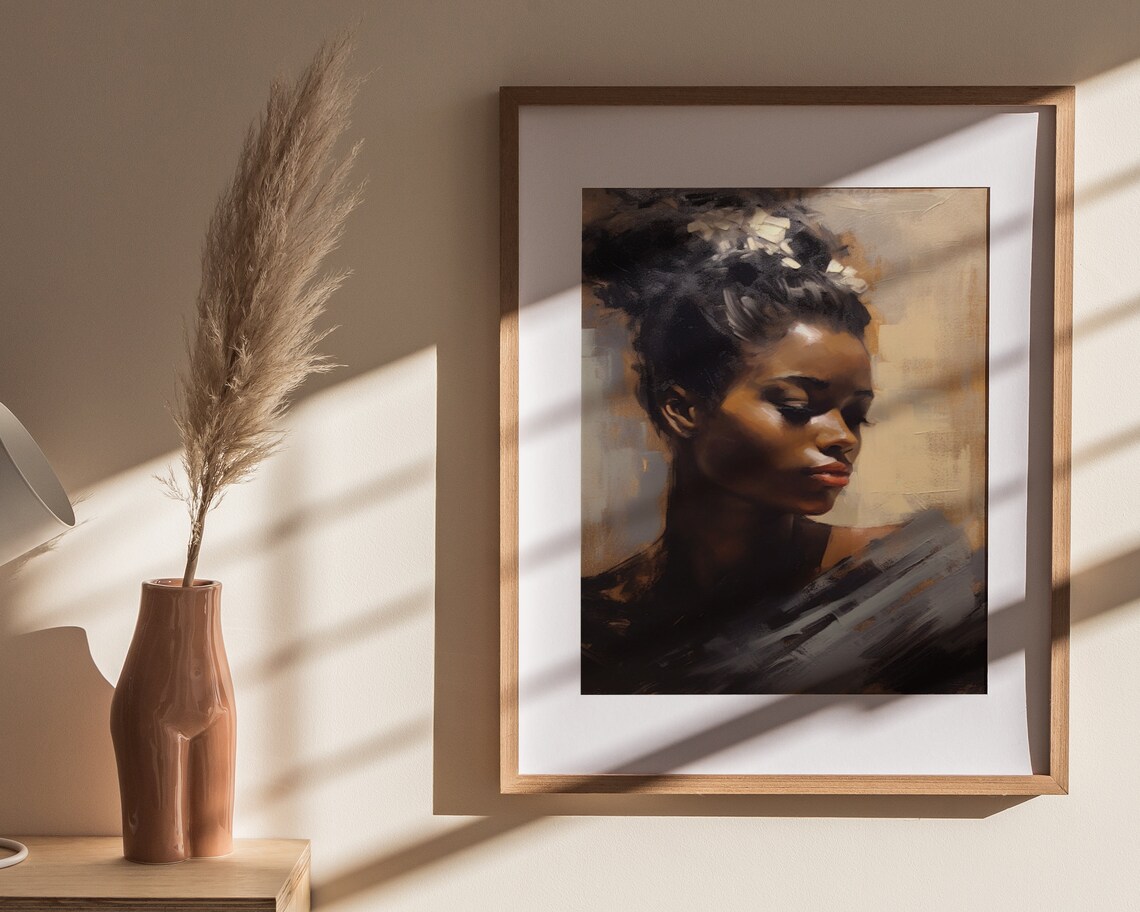 Black Woman Downcast Gaze Flower Hair Dark Oil Painting Poster - Image 4