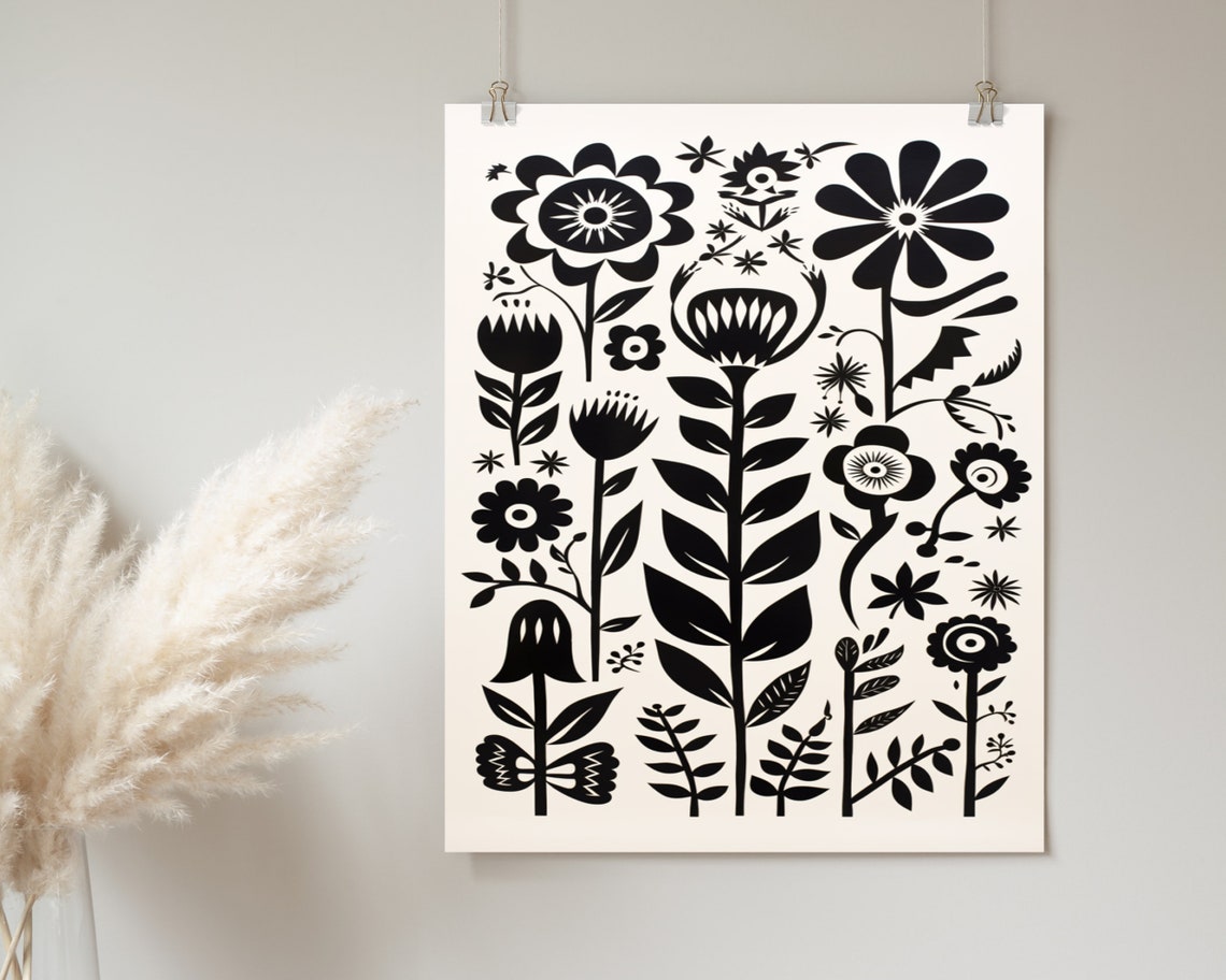 Black And White Floral Pattern Print Boho Wall Art Mid Century Print Cute Eclectic Home Dcor Wall Art - Image 2
