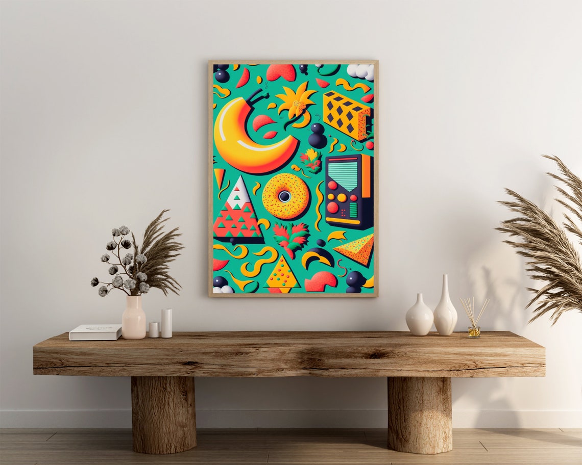 Y2K Nostalgia Collage Poster Banana Donut and Boombox on Teal Design - Image 3