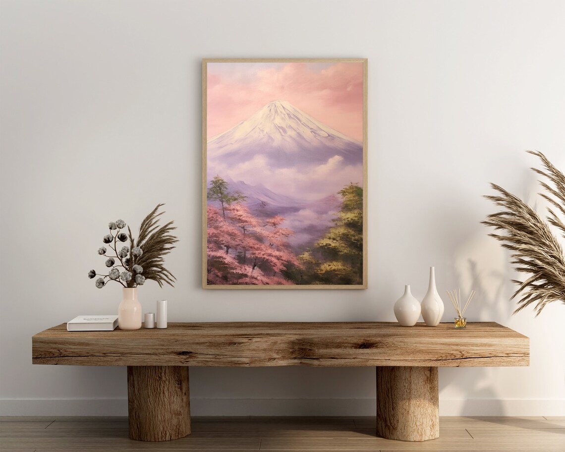 Mount Fuji Above Clouds Oil Painting Pink Blossom Dreamy Sky Poster - Image 3