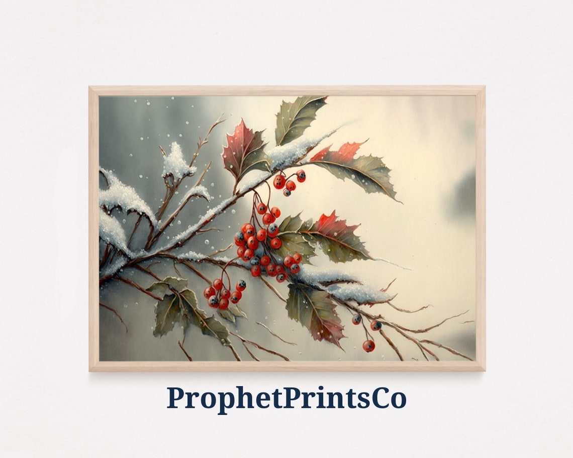 Snow Covered Winter Berry Branch Watercolor Botanical Poster