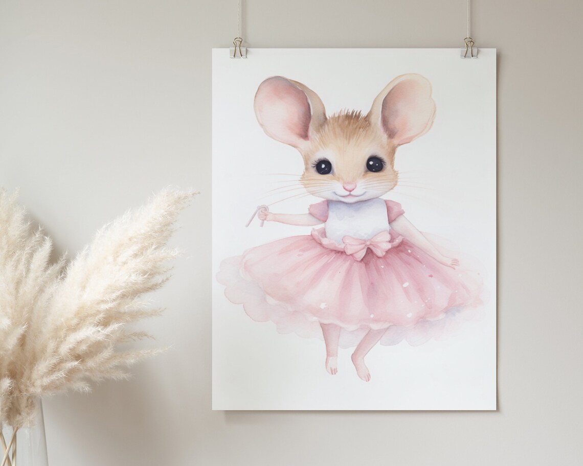 Cute Ballerina Mouse Pink Tutu Watercolor Nursery Wall Poster - Image 2