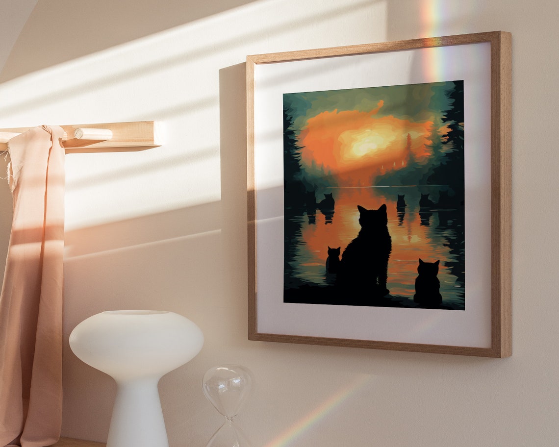 Black Cat Silhouettes Watching Sunset Over Forest Lake Poster - Image 3