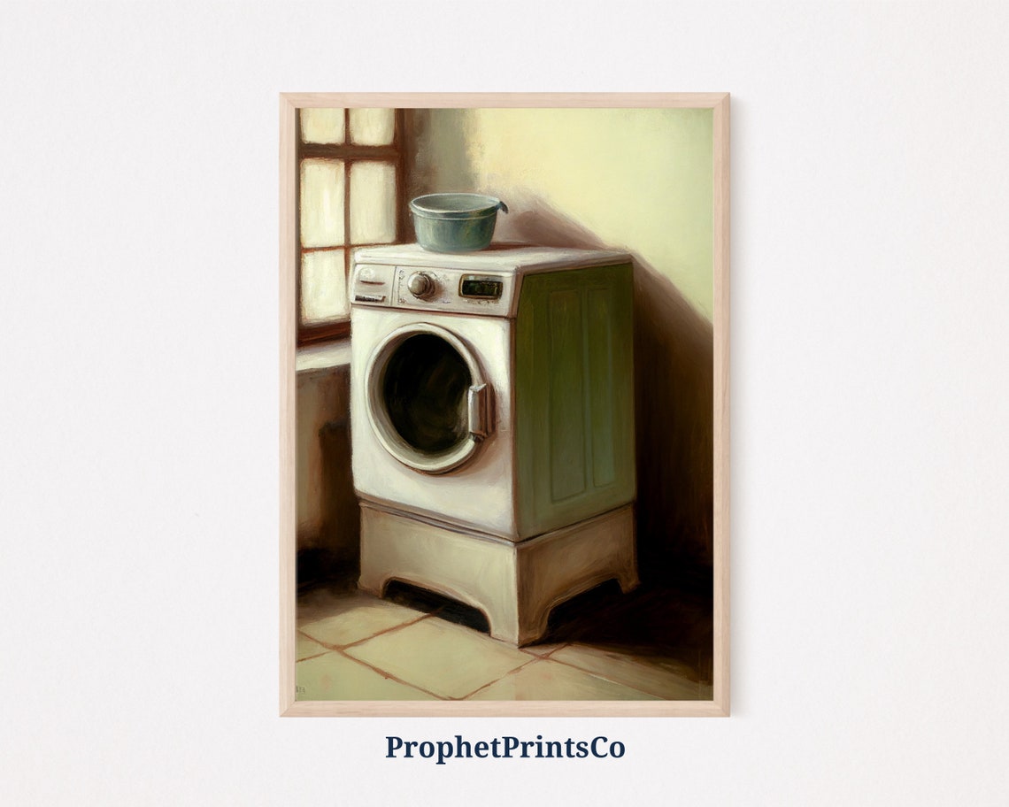 Vintage Washing Machine Oil Painting Retro Laundry Room Decor Poster