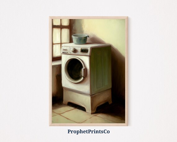 Vintage Washing Machine Oil Painting Retro Laundry Room Decor Poster