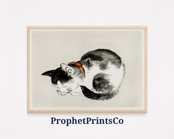 Sleeping Cat Vintage Japanese Ink Wash Painting Cute Animal Poster
