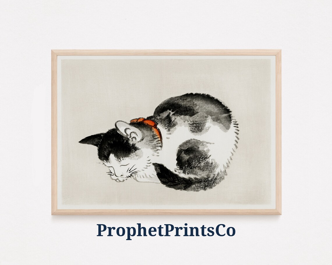 Sleeping Cat Vintage Japanese Ink Wash Painting Cute Animal Poster