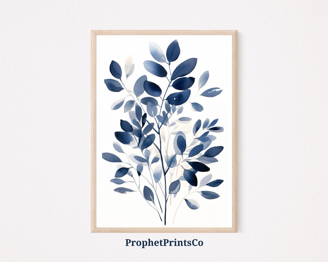 Blue Watercolor Leafy Branches Minimalist Botanical Decor Poster