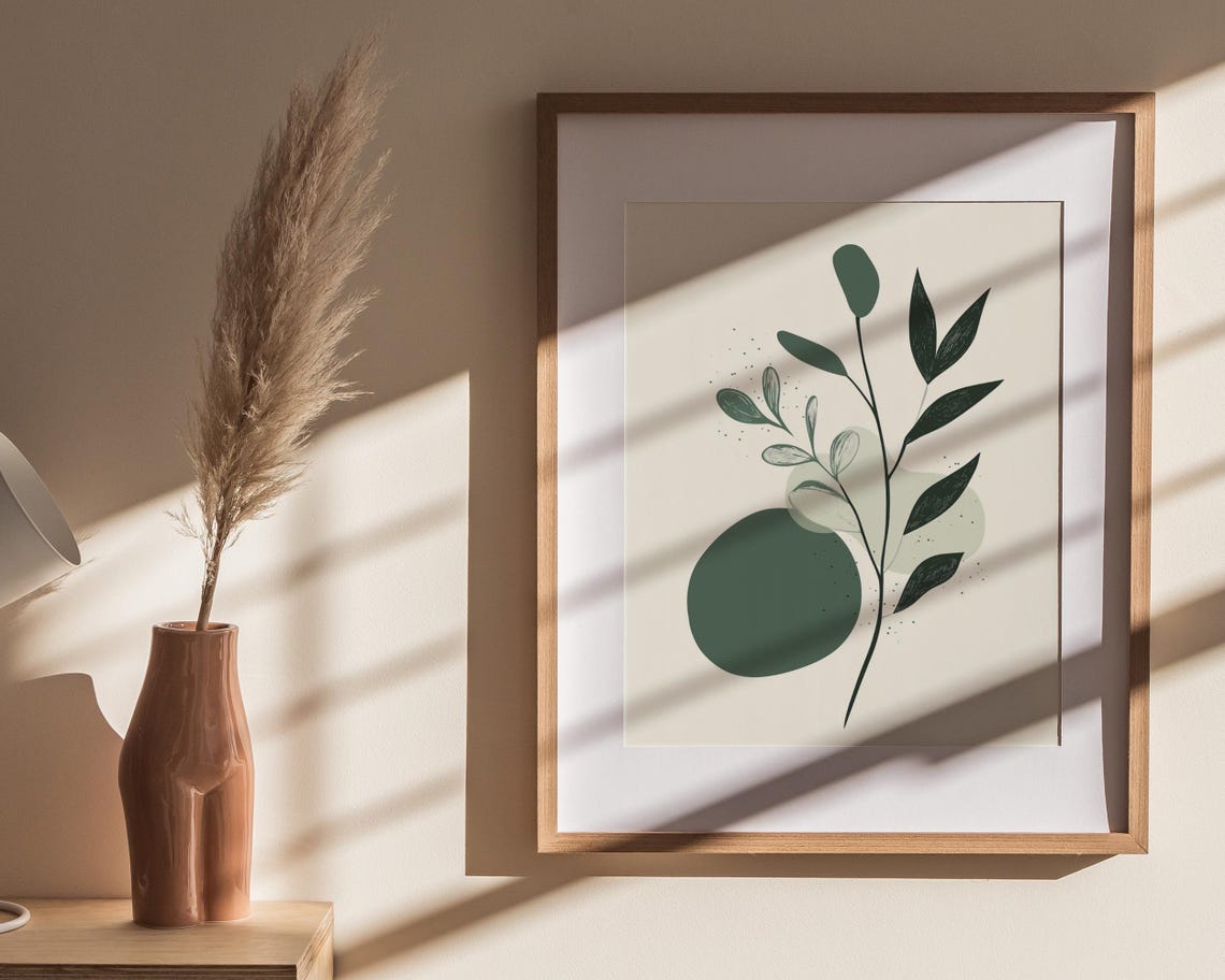 Minimal Sage Sprig Line Drawing Green Circle Cream Decor Poster - Image 4