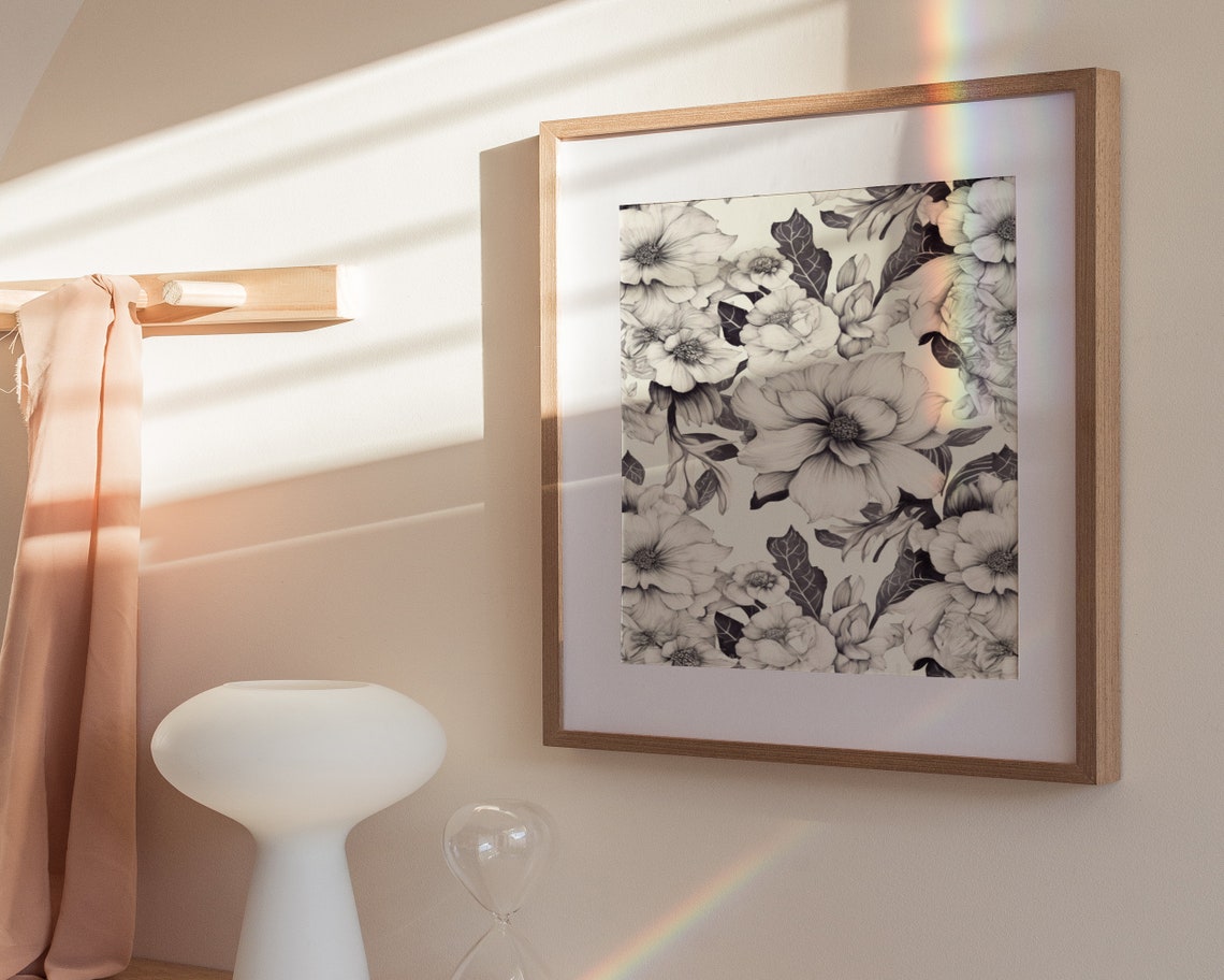 Grey Floral Sketch Pattern on Cream Vintage Botanical Poster - Image 3