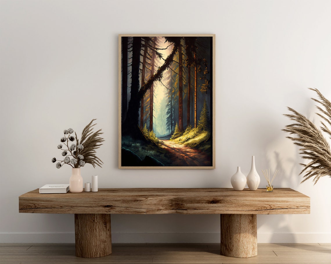 Golden Sunlit Forest Path Between Tall Pine Trees Autumn Poster - Image 3