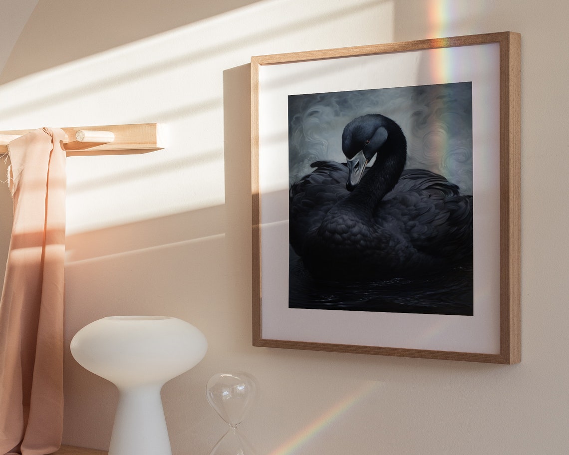 Black Swan Portrait Swirling Gray Background Painting Poster - Image 3