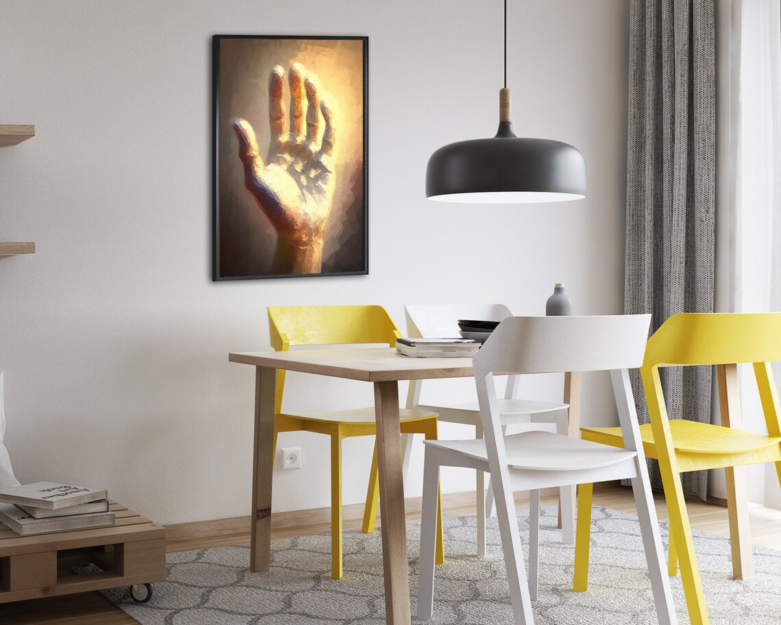 Hand Reaching Up Toward Heavenly Golden Light Oil Painting Poster - Image 2