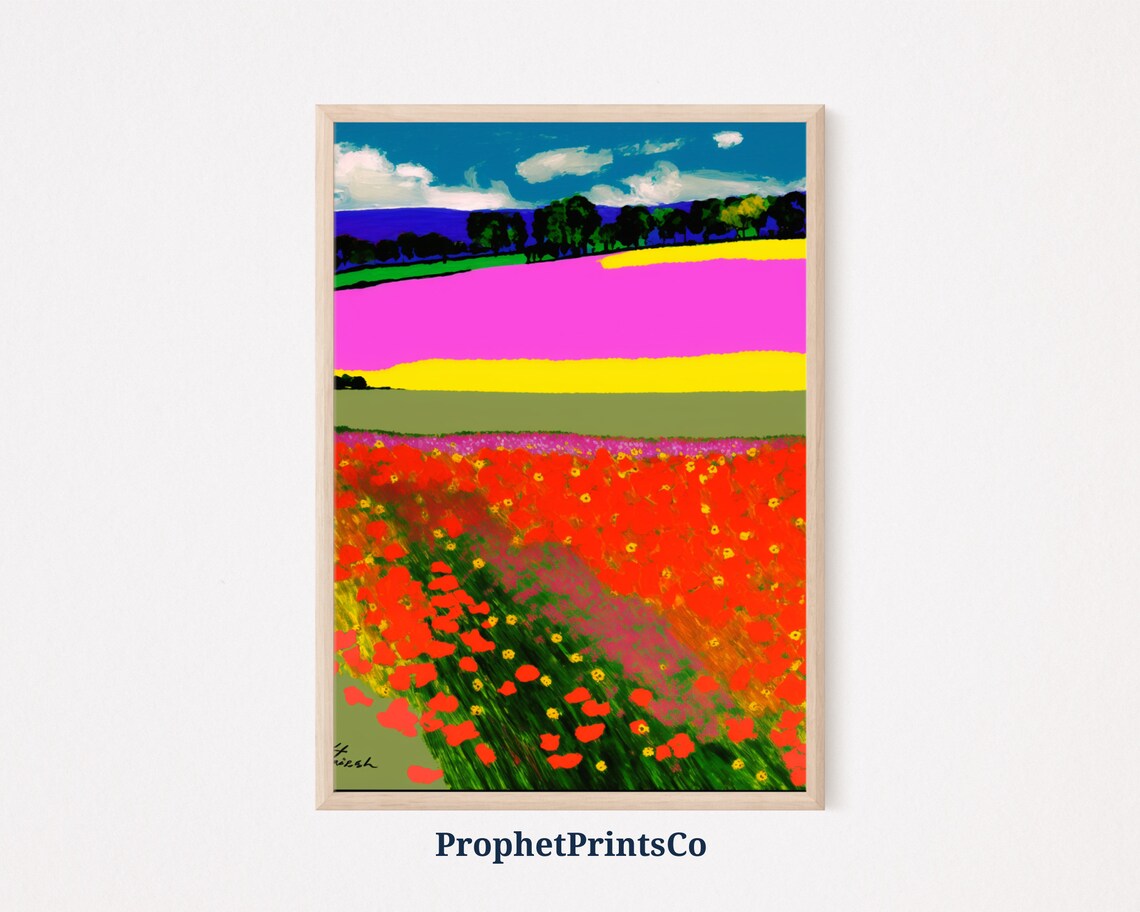 Sweeping Red Poppy Field With Colorful Bands Folk Art Poster
