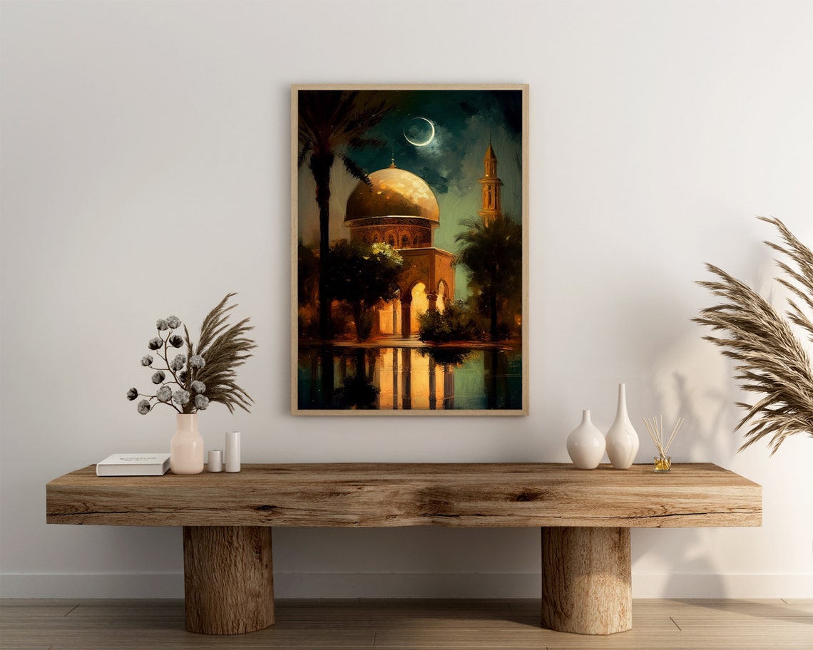 Golden Dome Mosque With Palm Trees Under a Crescent Moon Poster - Image 3