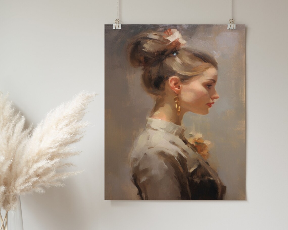 Vintage Woman Portrait Gold Earring Soft Oil Painting Art Poster - Image 2