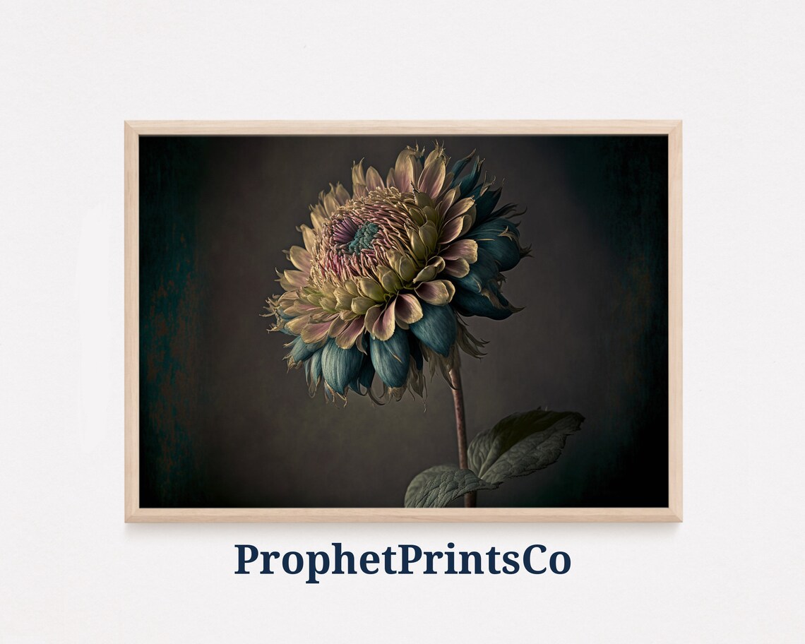 Moody Vintage Golden Flower With Teal Petals Dark Background Art Poster