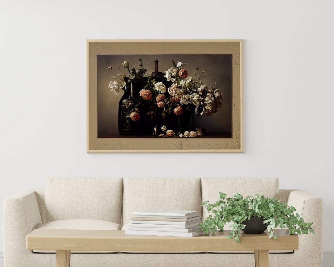 Vintage Moody White Roses Peonies Still Life Oil Painting Poster - Image 3