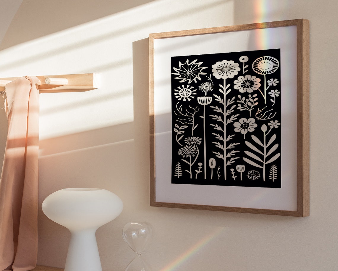 Black And White Floral Pattern Print Boho Wall Art Mid Century Print Cute Eclectic Home Dcor Wall Art - Image 3