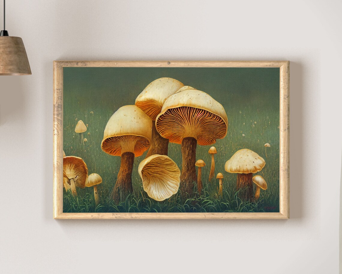 Vintage Cream Mushroom Cluster Forest Floor Oil Painting Poster - Image 2