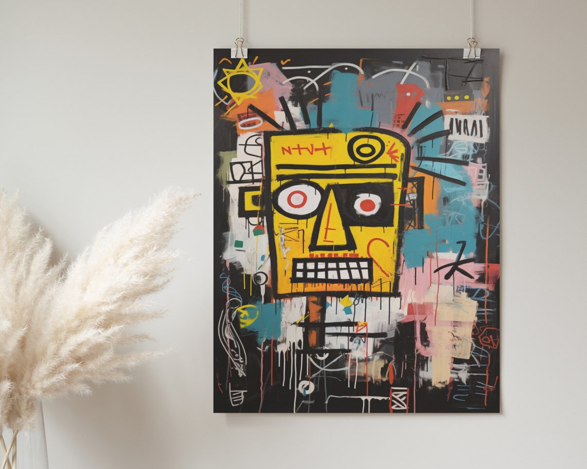 Basquiat Inspired Yellow Tribal Face Graffiti Bold Urban Art Poster - Image 2