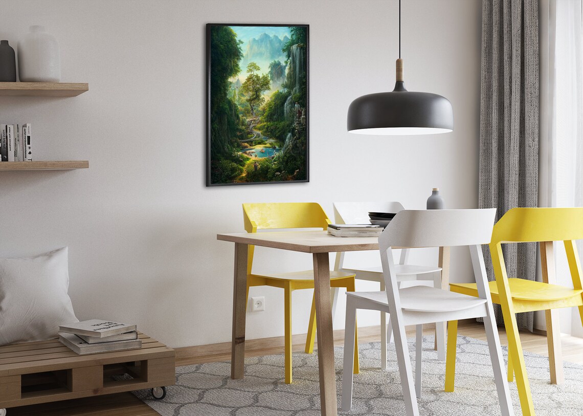 Lush Garden of Eden Paradise with Waterfalls Fantasy Art Poster - Image 2