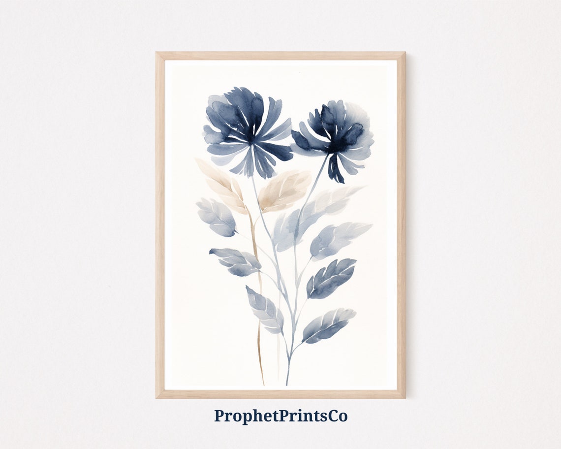 Indigo Blue Watercolor Flowers Elegant Botanical Decor Poster