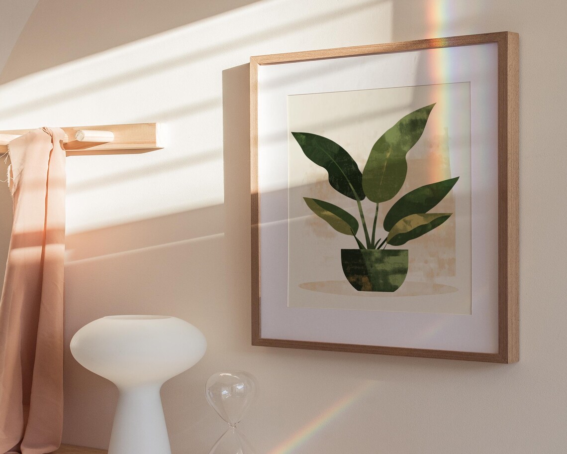 Potted Plant Watercolor Broad Green Leaves Beige Wash Poster - Image 4