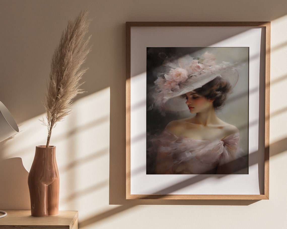 Elegant Lady Wide Brim Rose Hat Off Shoulder Vintage Portrait Poster - Image 4