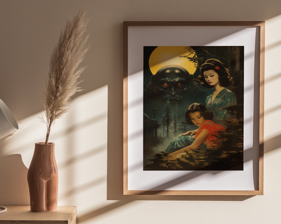 Vintage Japanese Horror Two Women Moon Giant Shadow Monster Poster - Image 4