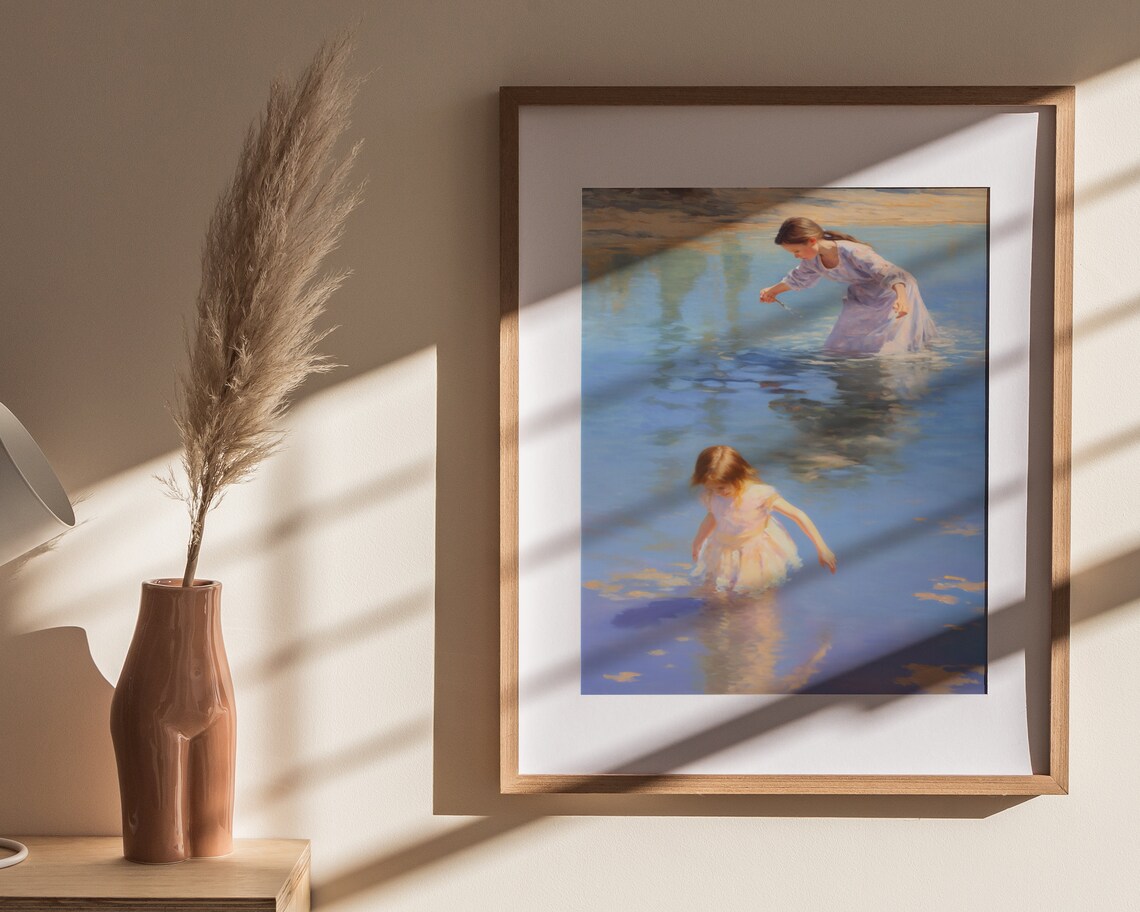 Mother and Child Wading Blue Water Impressionist Painting Poster - Image 4