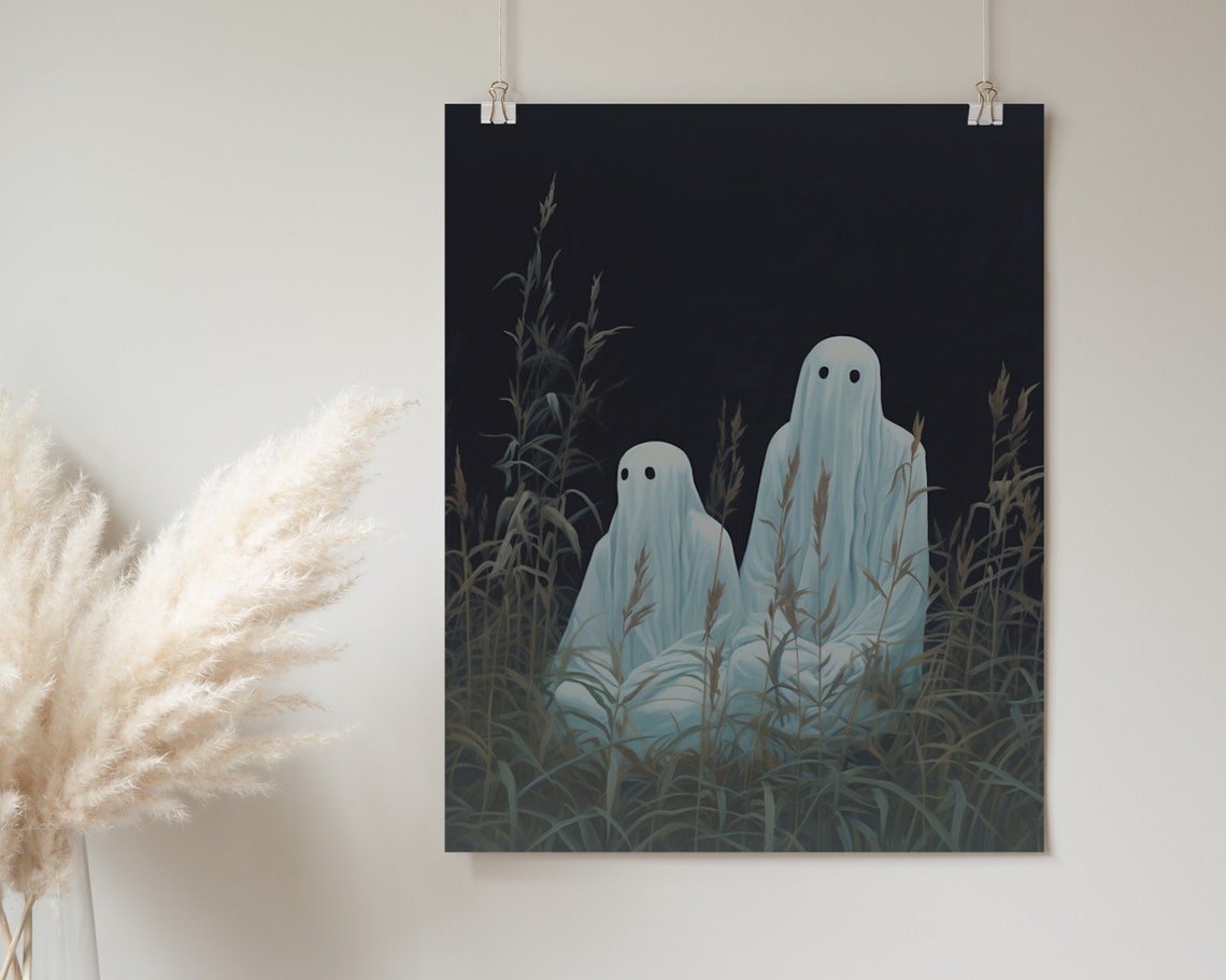 Cute Ghost Couple In Dark Grassy Meadow Night Halloween Art Poster - Image 2