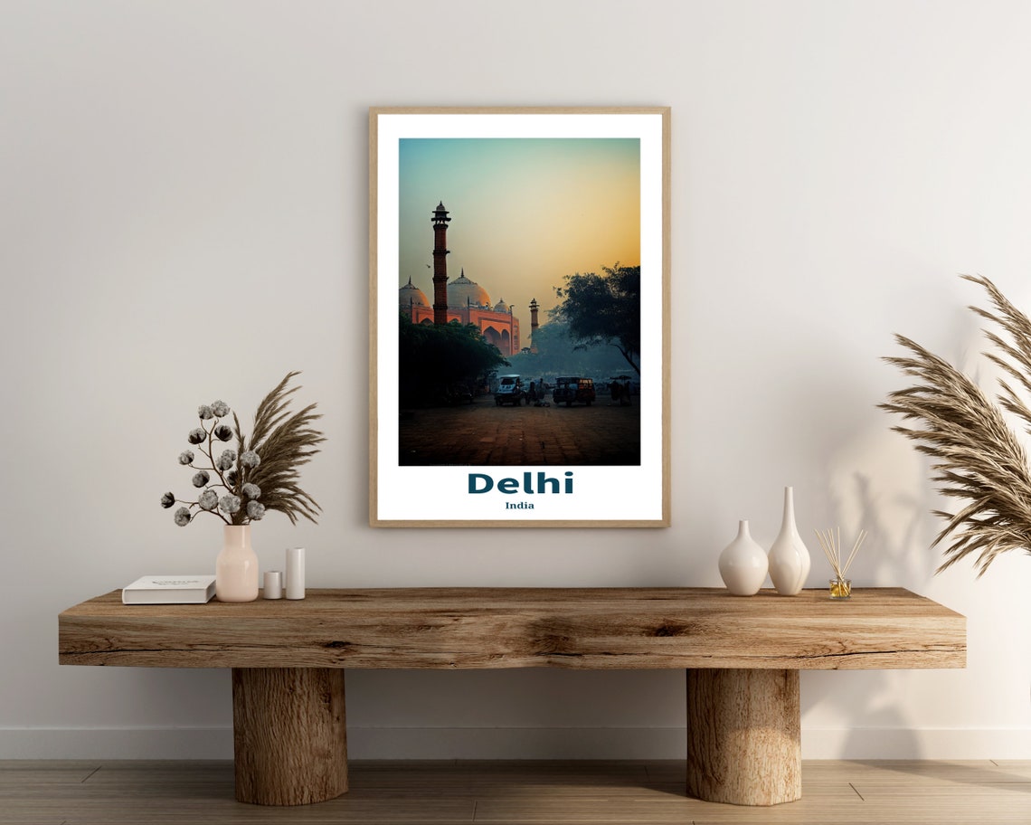 Delhi India Domed Mosque Gate at Dusk Rickshaws Travel Art Poster - Image 3