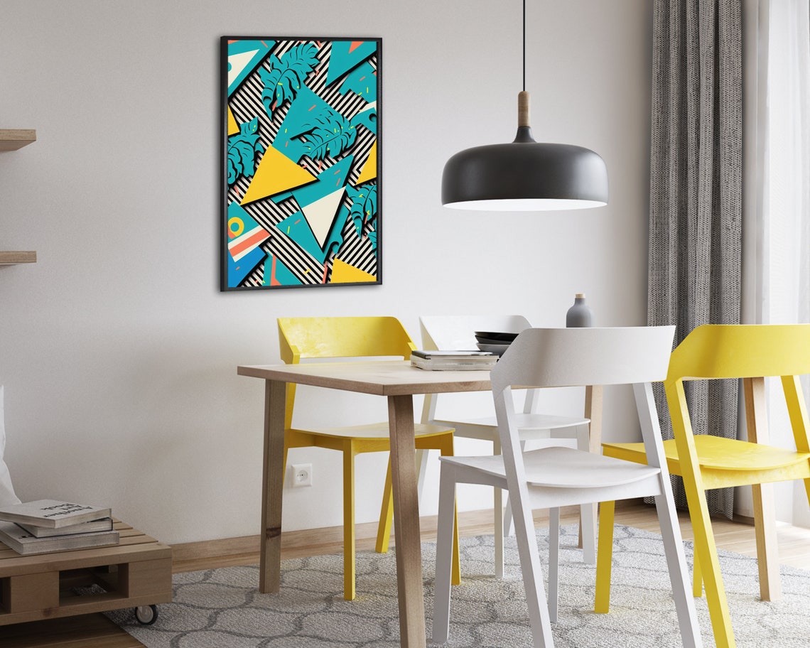 80s Memphis Style Teal Leaves and Bold Triangles Pattern Retro Print - Image 2