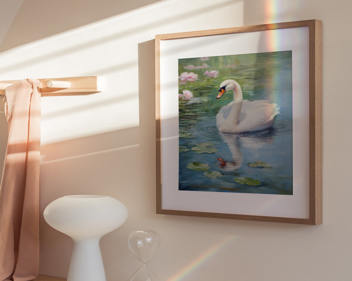White Swan Water Lilies Blue Pond Impressionist Painting Poster - Image 3