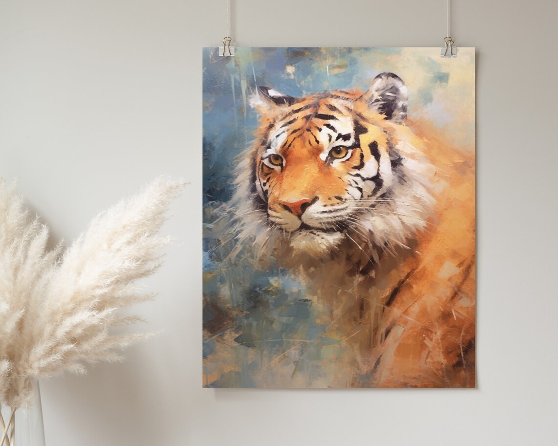 Tiger Portrait Blue Grey Background Expressive Oil Painting Poster - Image 2