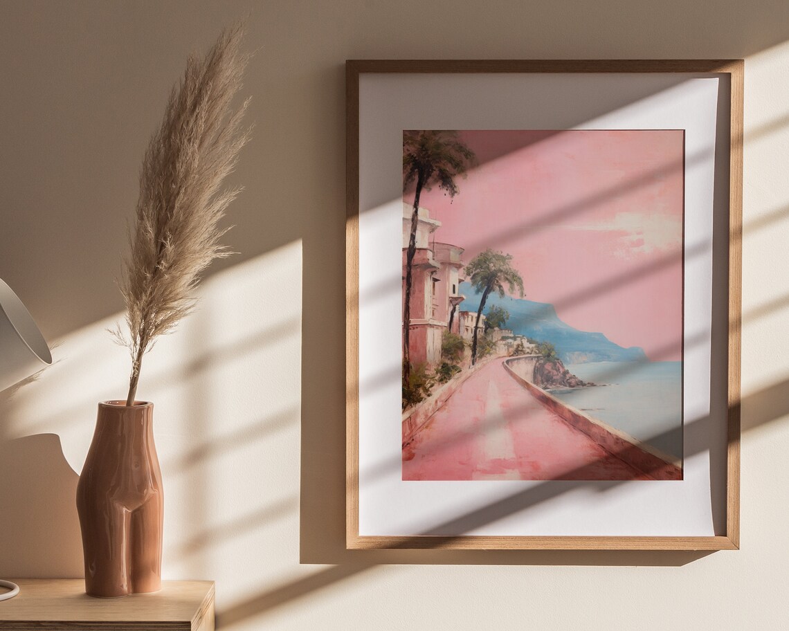 Pink Amalfi Coast Seaside Road Palm Trees Dreamy Travel Art Poster - Image 4