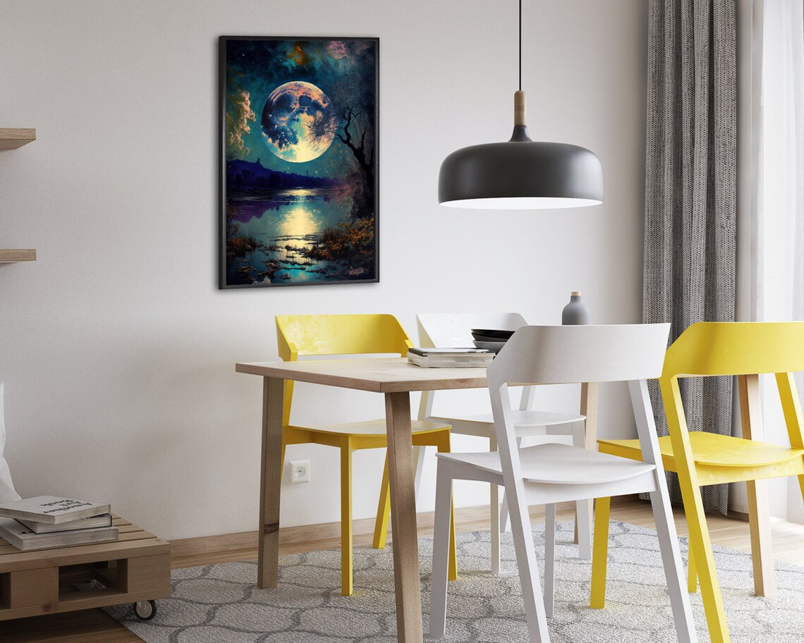 Vibrant Giant Cosmic Moon Glowing Over Surreal Night Waters Poster - Image 2