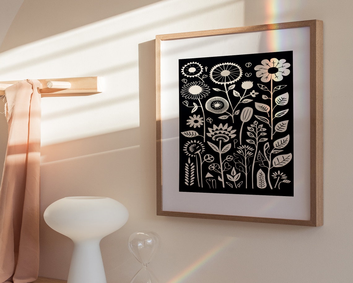 Black And White Floral Pattern Print Boho Wall Art Mid Century Print Cute Eclectic Home Dcor Wall Art - Image 3